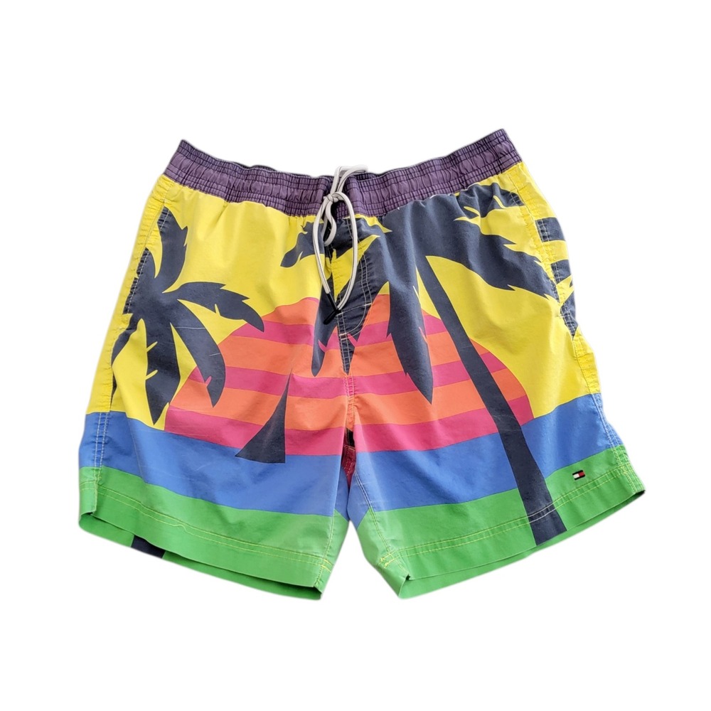 Tommy Hilfiger‎ Swim Trunks Mens Large Multi Color Tropical Sunset Palm Tree